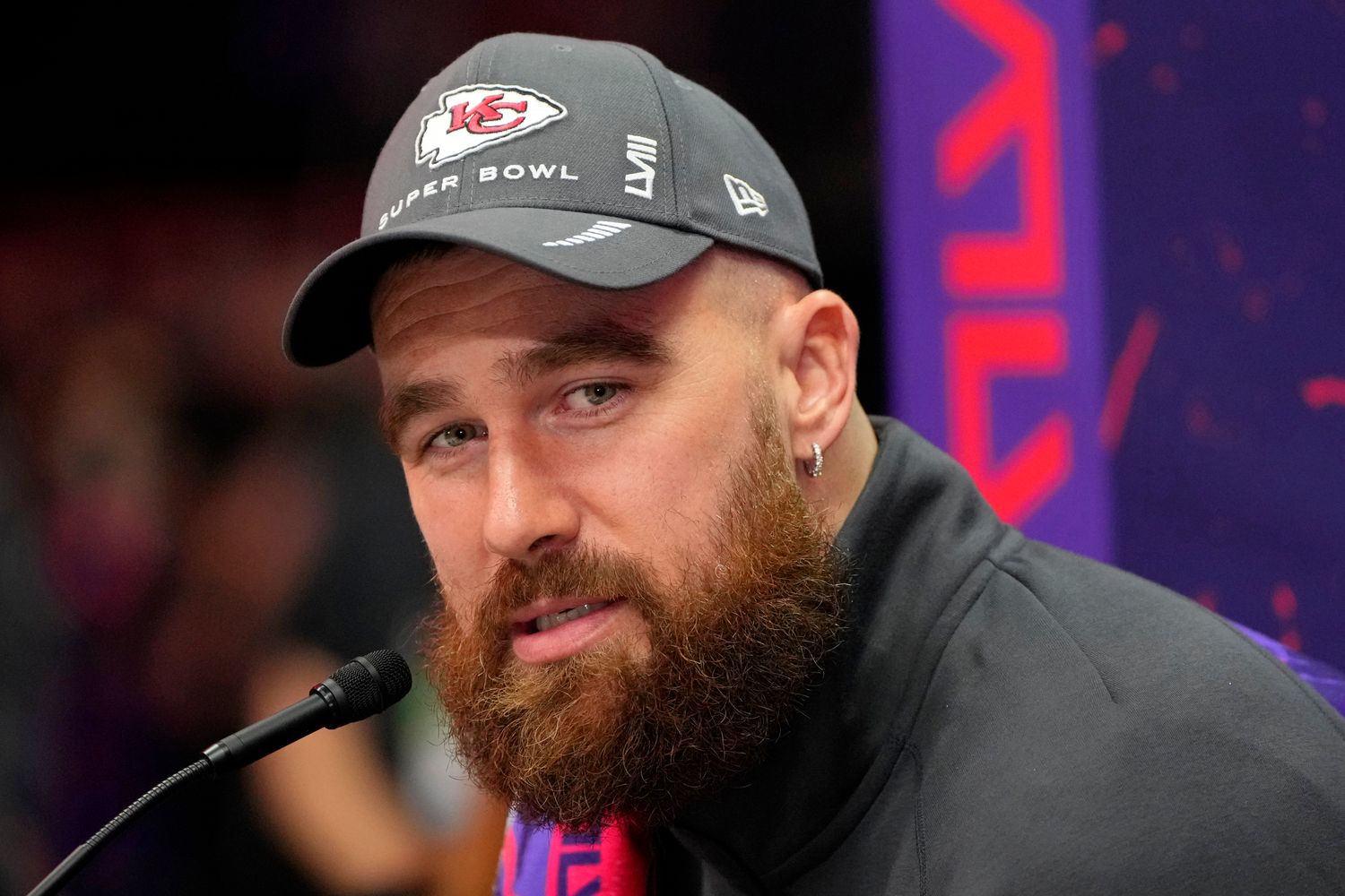 Feb 5, 2024; Las Vegas, NV, USA; Kansas City Chiefs tight end Travis Kelce (87) talks to the media during Super Bowl LVIII Opening Night